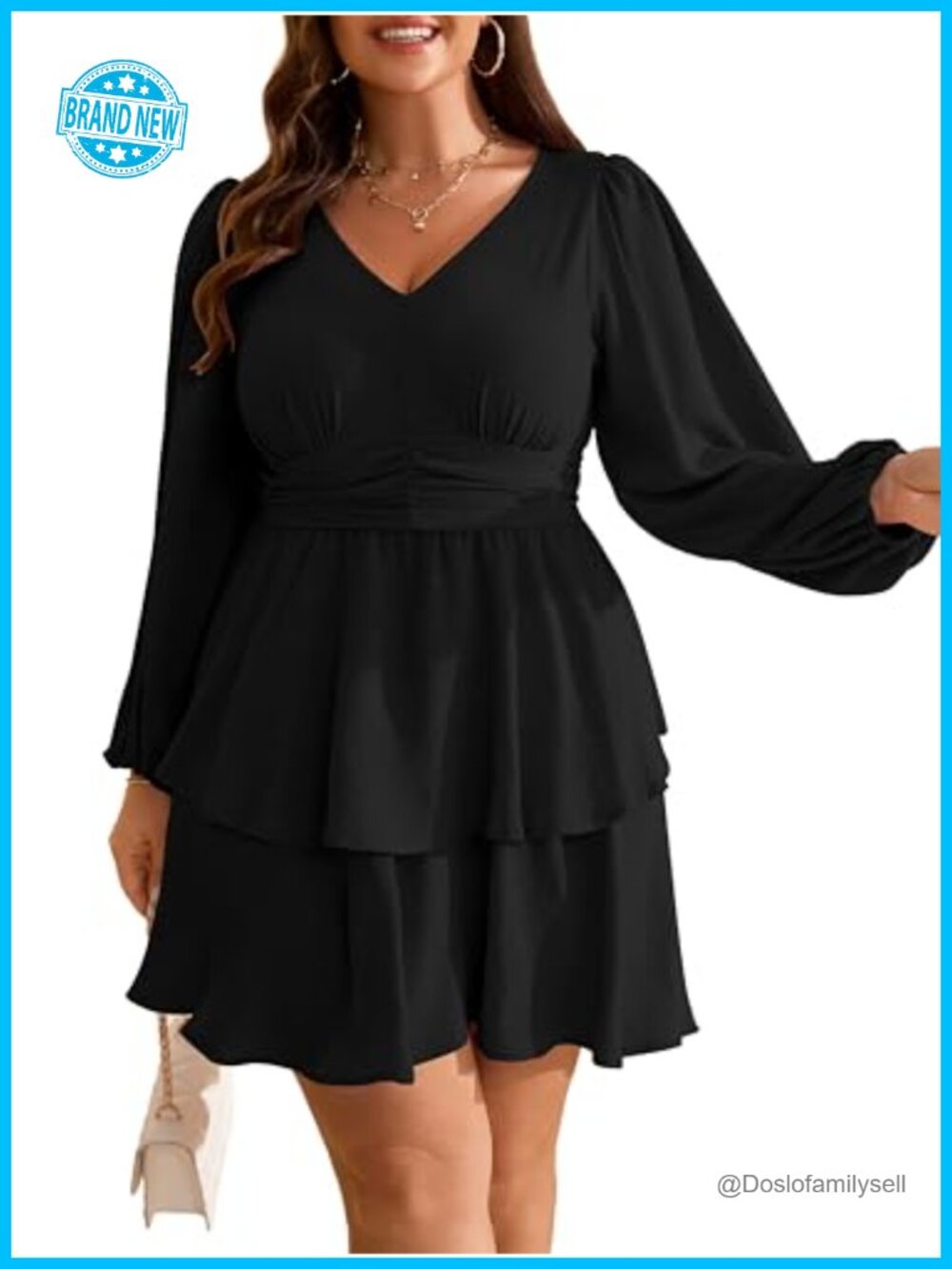 Plus Size V Neck Long Sleeve Layered Mini Dress A-Line Casual